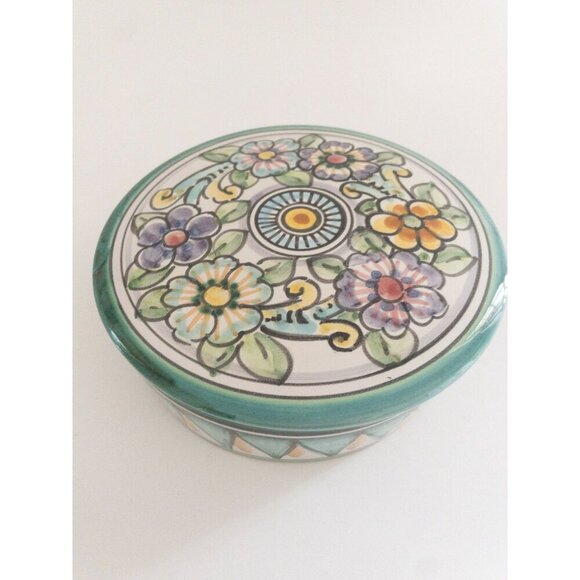 Handmade D' Acunto Vietri Italian Ceramic Floral Round Box 6" Diameter - Picture 15 of 15